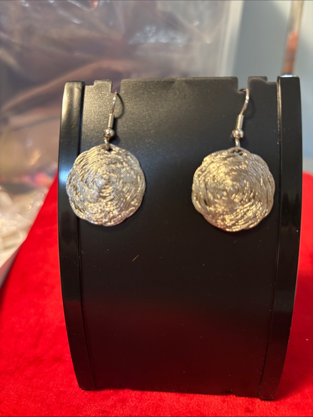 Silver Textured Disc Drop Earrings - Women Jewelry